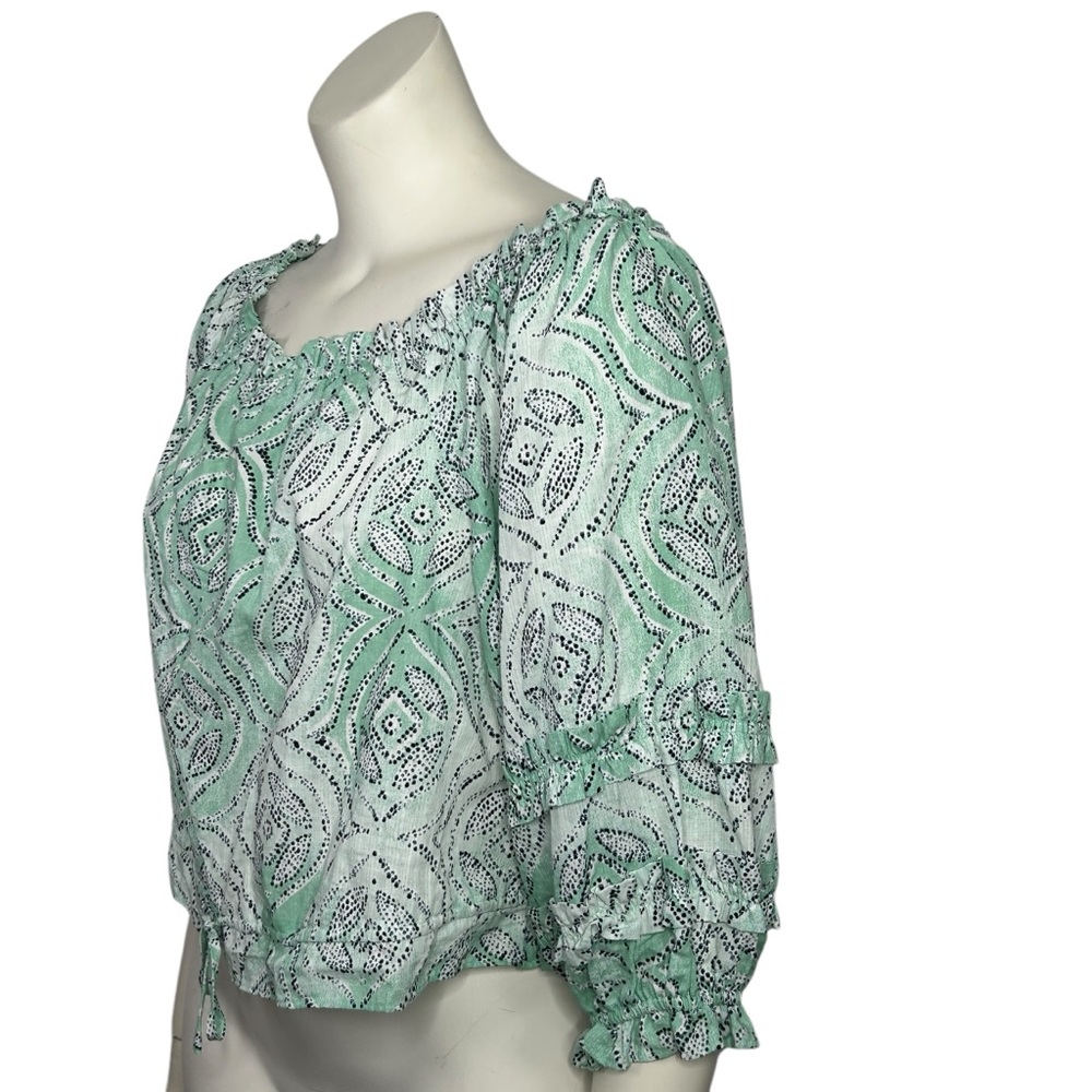 Lauren Conrad Womens Blouse Off Shoulder Mint Green Black XXL Paisley Milkmaid